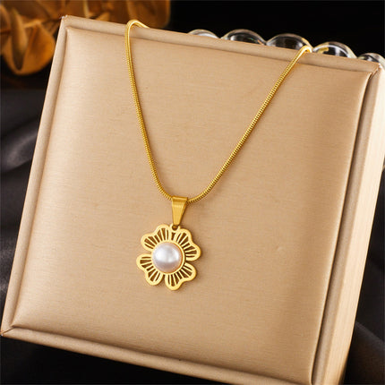 Aretes Y Collar Conjunto Con Colgante De Flor Y Perla Acero Inoxidable