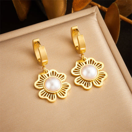 Aretes Y Collar Conjunto Con Colgante De Flor Y Perla Acero Inoxidable