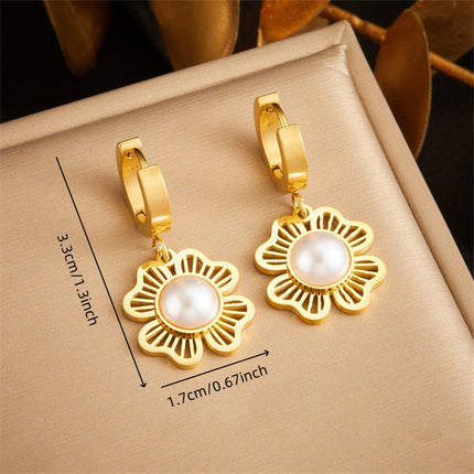 Aretes Y Collar Conjunto Con Colgante De Flor Y Perla Acero Inoxidable