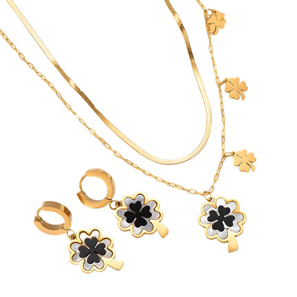 Aretes Y Collar Set De Acero De Titanio Con Trébol De Cuatro Hojas