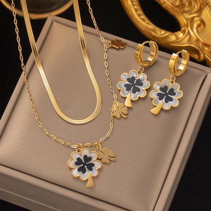 Aretes Y Collar Set De Acero De Titanio Con Trébol De Cuatro Hojas