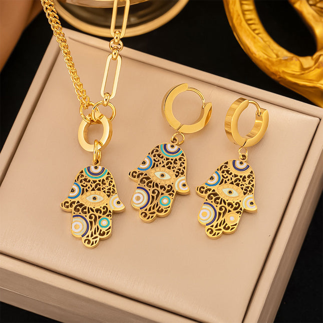 Aretes Y Collar De Acero Titanio Con Colgante De Ojo Del Diablo Palma