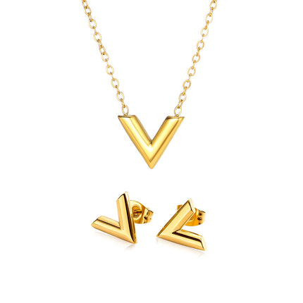 Aretes Y Collar De Acero Titanio En Forma De V Diseño Minimalista
