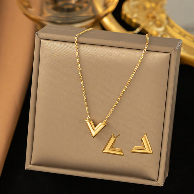 Aretes Y Collar De Acero Titanio En Forma De V Diseño Minimalista