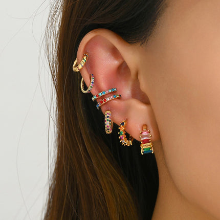 Set De Aretes Y Aretes Clip De Cobre Con Coloridos Circónes Para Mujer