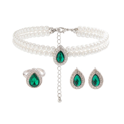 Collar De Perlas Sintéticas En Capas Con Circonita Verde, Anillo Y Aretes