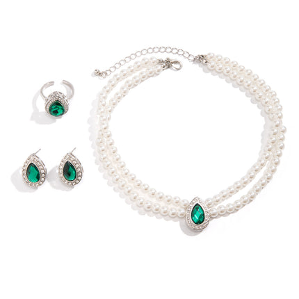 Collar De Perlas Sintéticas En Capas Con Circonita Verde, Anillo Y Aretes