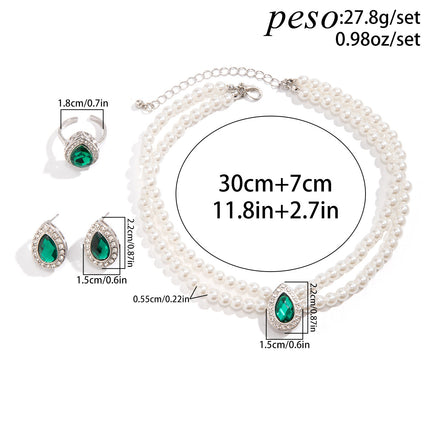 Collar De Perlas Sintéticas En Capas Con Circonita Verde, Anillo Y Aretes