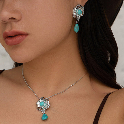 Aretes Y Collar Set De Aleación Con Turquesa Diseño Elegante