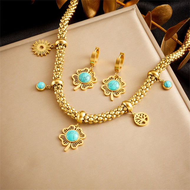 Aretes Y Collar Set Con Colgantes De Trébol, Sol Y Árbol De La Vida