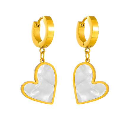 Aretes Chapa En Oro 18K Colgantes Con Forma De Corazón De Concha Blanca