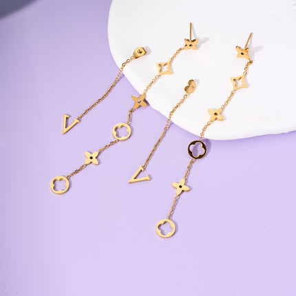 Aretes Largos Con Diseño De Trébol De Cuatro Hojas En Acero De Titanio