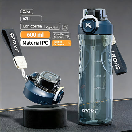 Botella Deportiva 600ml con Popote, Hermética para Gimnasio y Camping