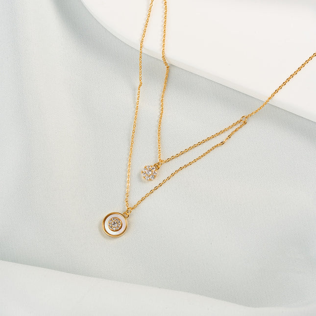 Collar Doble Capa Con Colgante Geométrico De Circonita Enchapado En Oro 14k