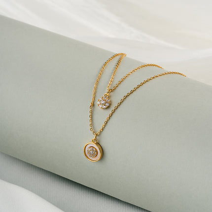 Collar Doble Capa Con Colgante Geométrico De Circonita Enchapado En Oro 14k