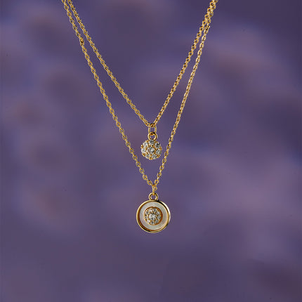 Collar Doble Capa Con Colgante Geométrico De Circonita Enchapado En Oro 14k