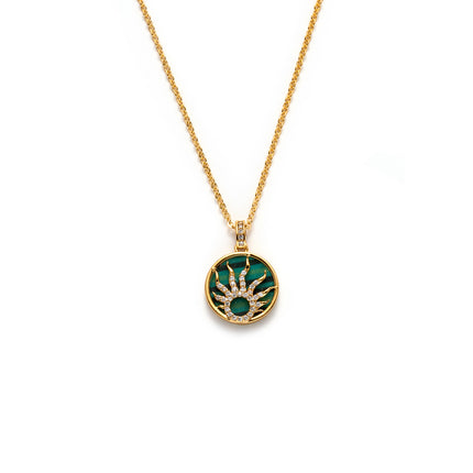 Collar De Cobre Oro 18K Con Colgante Verde Vintage Y Rayos De Sol