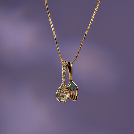 Collar de Oro 18K Con Colgantes De Cuchara Y Tenedor, Estilo Vintage