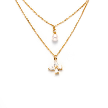 Collar De Doble Capa Cobre Con Perla Artificial Y Mariposa Con Circonitas