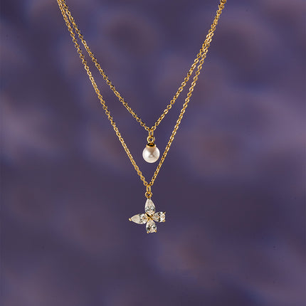 Collar De Doble Capa Cobre Con Perla Artificial Y Mariposa Con Circonitas
