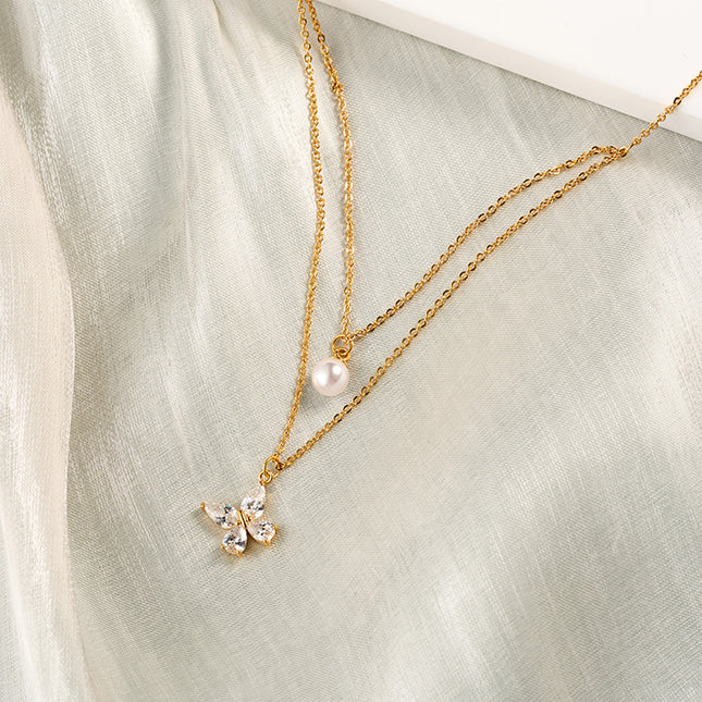 Collar De Doble Capa Cobre Con Perla Artificial Y Mariposa Con Circonitas