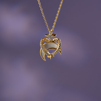 Collar Colgante De Oro 18K Luna Forma De Corazón Con Zirconia