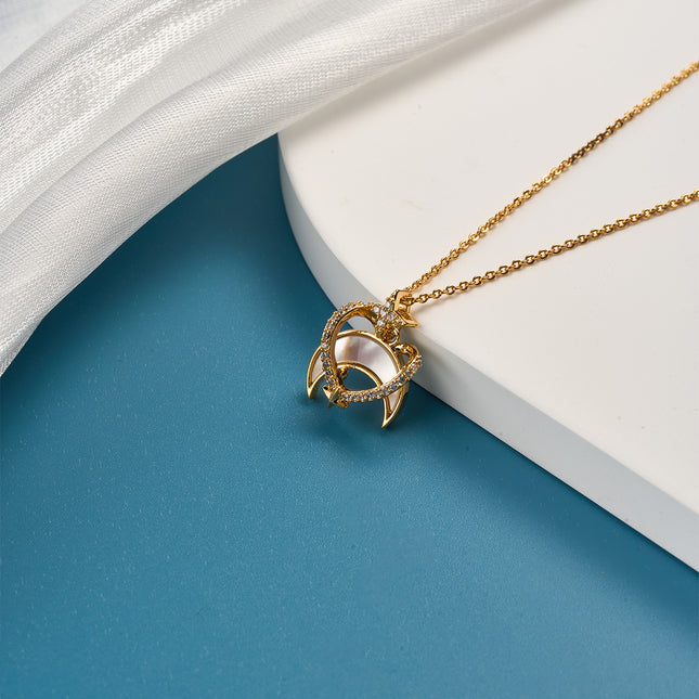 Collar Colgante De Oro 18K Luna Forma De Corazón Con Zirconia