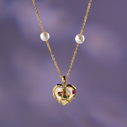 Collar De Corazón De Cobre 18K Con Rosa Dorada y Zirconia Elegante