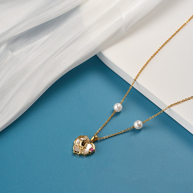 Collar De Corazón De Cobre 18K Con Rosa Dorada y Zirconia Elegante