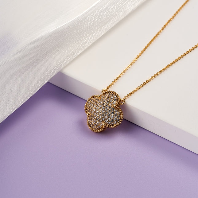 Collar Clásico De Flor De Cuatro Pétalos, Cobre Con Baño De Oro 18K