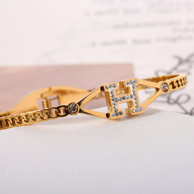 Pulsera Con Letra H Y Circonitas Diseño De Resorte En Acero Inoxidable