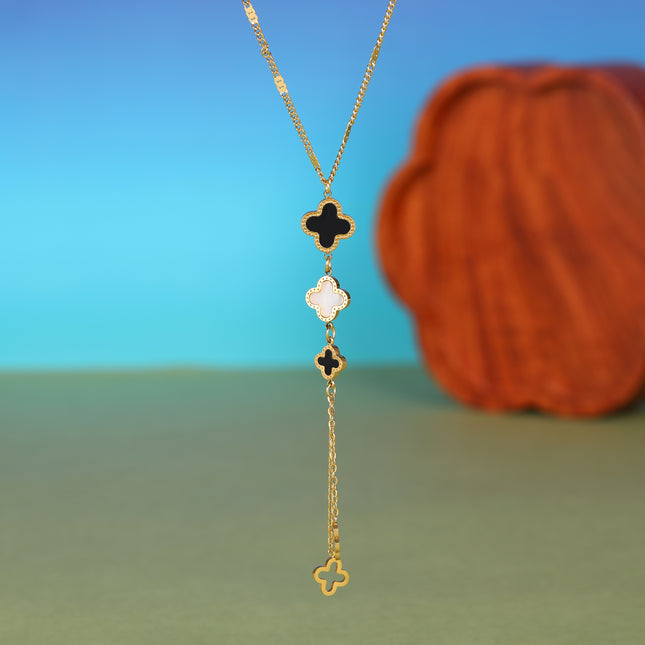 Collar Clásico De Acero Inoxidable Con Colgante De Flores De Cuatro Hojas De Concha Blanco Y Negro