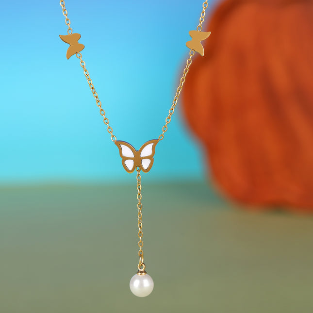 Collar De Moda Casual De Tipo Corbata De Acero Inoxidable Con Colgante De Mariposa De Perla