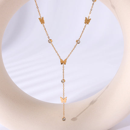 Collar De Acero Inoxidable Versátil De Moda Con Borla De Mariposa De Circón