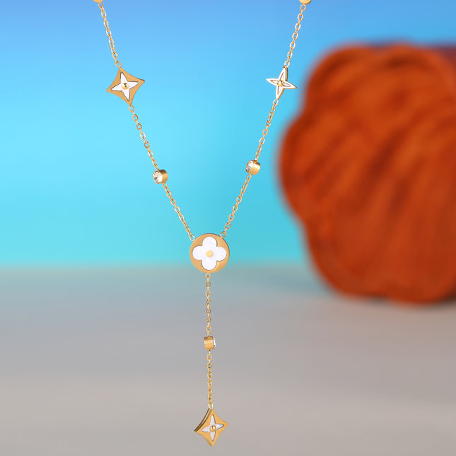 Collar De Tipo Corbata De Acero Inoxidable De Borla Con Colgante De Flor De Cuatro Hojas De Concha