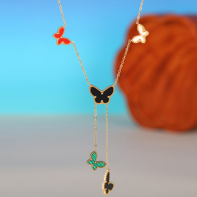 Collar De Tipo Corbata De Acero Inoxidable Con Borla Con Mariposas De Colores De Moda