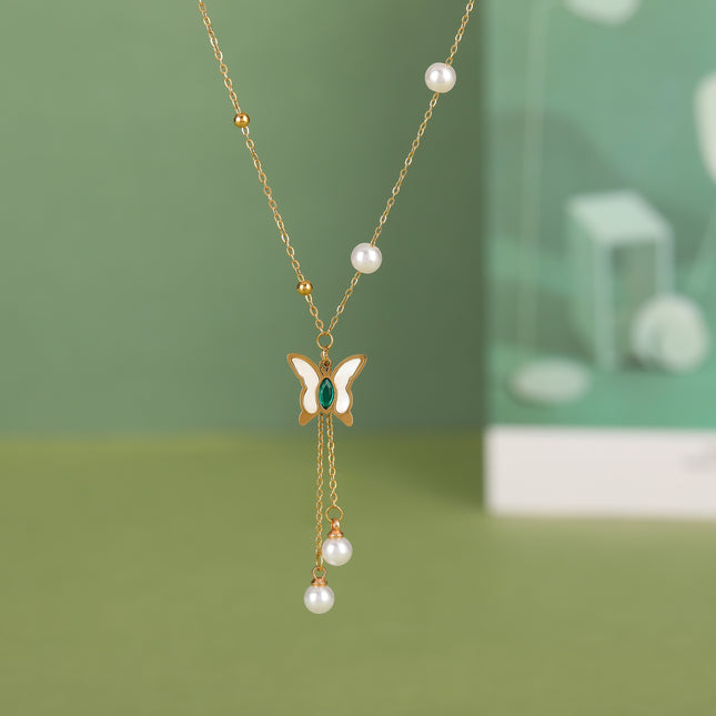 Collar De Acero Inoxidable Con Colgante De Mariposa De DIamantes De Imitación Con Borla Y Perla
