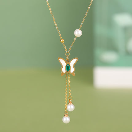 Collar De Acero Inoxidable Con Colgante De Mariposa De DIamantes De Imitación Con Borla Y Perla