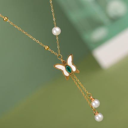 Collar De Acero Inoxidable Con Colgante De Mariposa De DIamantes De Imitación Con Borla Y Perla