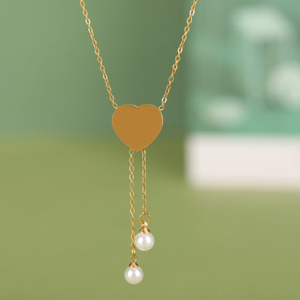 Collar De Tipo Corbata Con Borla De Perlas Con Colgante De Corazón De Moda De Acero Inoxidable