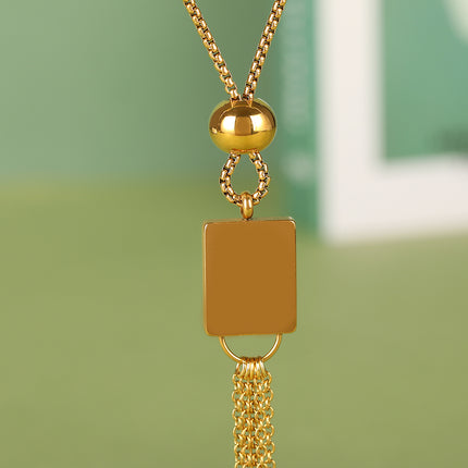 Collar Largo De Acero Inoxidable De Tipo Corbata Con Colgante Cuadrado Y Bola Fresco De Moda