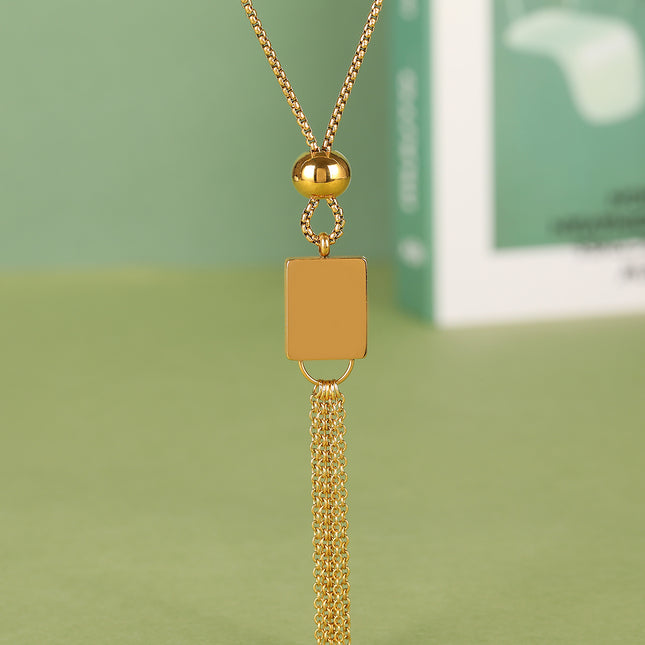 Collar Largo De Acero Inoxidable De Tipo Corbata Con Colgante Cuadrado Y Bola Fresco De Moda