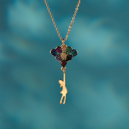Collar De Oro 18K Con Dije De Chica Con Globos Multicolores, Estilo Divertido