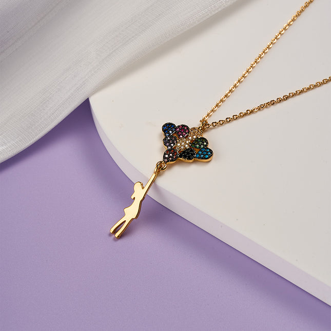 Collar De Oro 18K Con Dije De Chica Con Globos Multicolores, Estilo Divertido