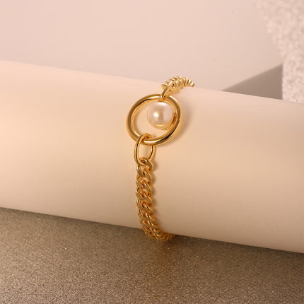 Pulsera De Cadena Gruesa Con Círculo Hueco Y Perla Sintética