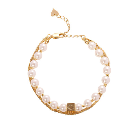 Pulsera De Cadena Cobre Y Plata Con Perlas Sintéticas, Sonrisa Cuadrada