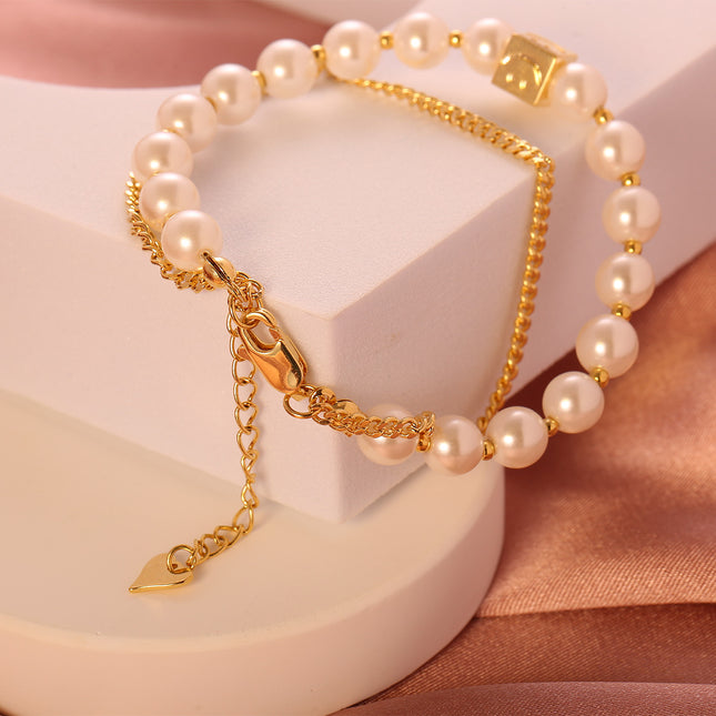 Pulsera De Cadena Cobre Y Plata Con Perlas Sintéticas, Sonrisa Cuadrada