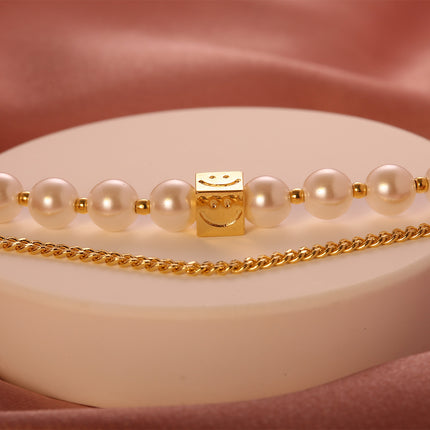 Pulsera De Cadena Cobre Y Plata Con Perlas Sintéticas, Sonrisa Cuadrada