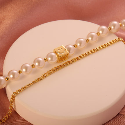 Pulsera De Cadena Cobre Y Plata Con Perlas Sintéticas, Sonrisa Cuadrada