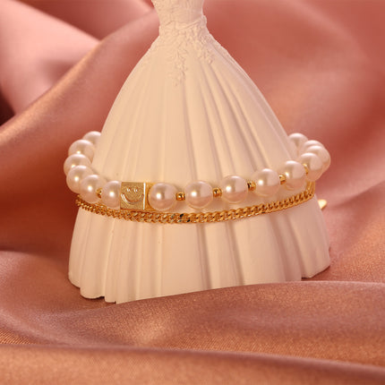 Pulsera De Cadena Cobre Y Plata Con Perlas Sintéticas, Sonrisa Cuadrada